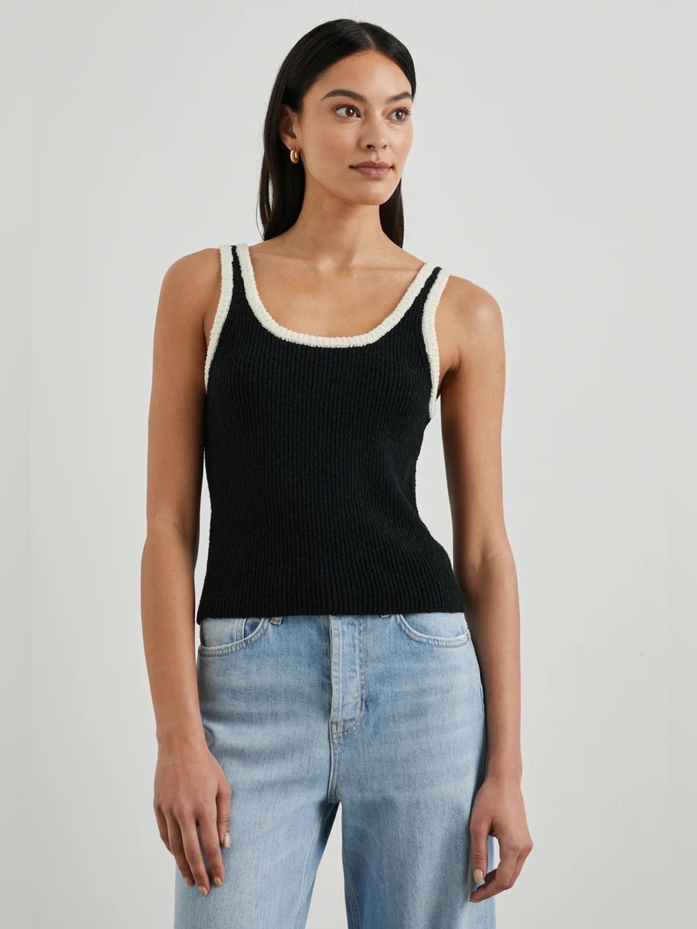Rails Albie Contrast Trim Tank Top Black Ivory Cotton Linen Blend Size Large